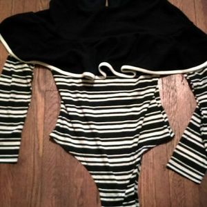 Black and white striped ruffle body suit