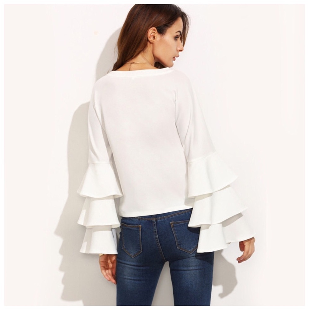 Eggshell White Layered Ruffle Sleeve Stretch Top - Picture 2 of 4