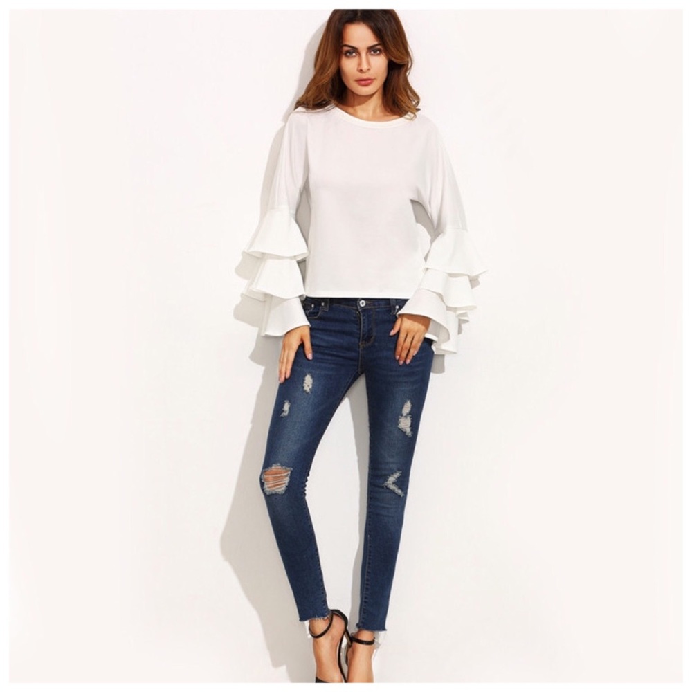 Eggshell White Layered Ruffle Sleeve Stretch Top - Picture 4 of 4