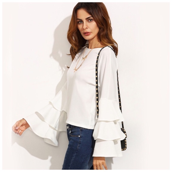 Eggshell White Layered Ruffle Sleeve Stretch Top - Picture 3 of 4