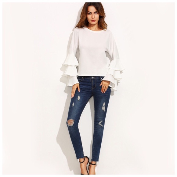 Eggshell White Layered Ruffle Sleeve Stretch Top - Picture 4 of 4