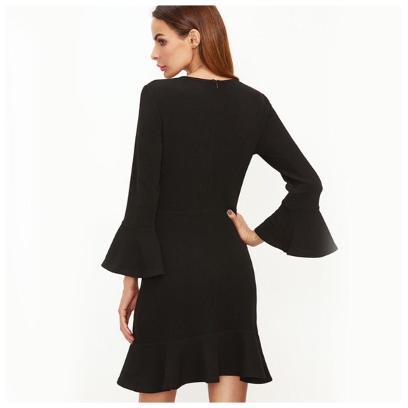 Black Crepe Bell Sleeve Ruffle Hem Dress - Picture 2 of 5