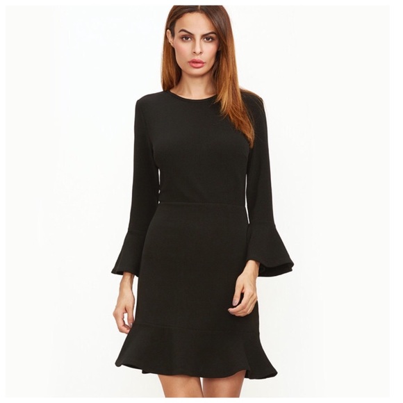 Black Crepe Bell Sleeve Ruffle Hem Dress - Picture 3 of 5