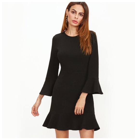 Black Crepe Bell Sleeve Ruffle Hem Dress - Picture 4 of 5