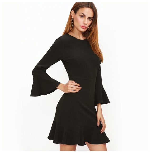 Black Crepe Bell Sleeve Ruffle Hem Dress - Picture 5 of 5