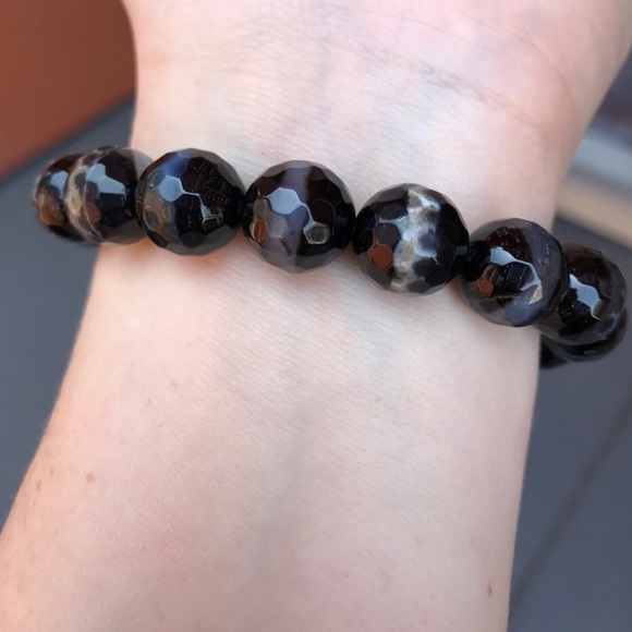 Black agate Evil Eye Peace Sign Beaded stretch Bracelet - Picture 6 of 6