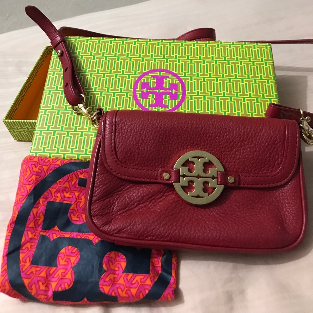 Tory Burch red pebble mini cross body bag