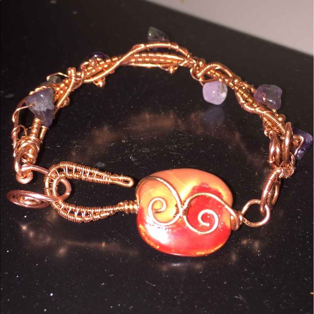 Amethyst and glass copper wire Wrapped bracelet