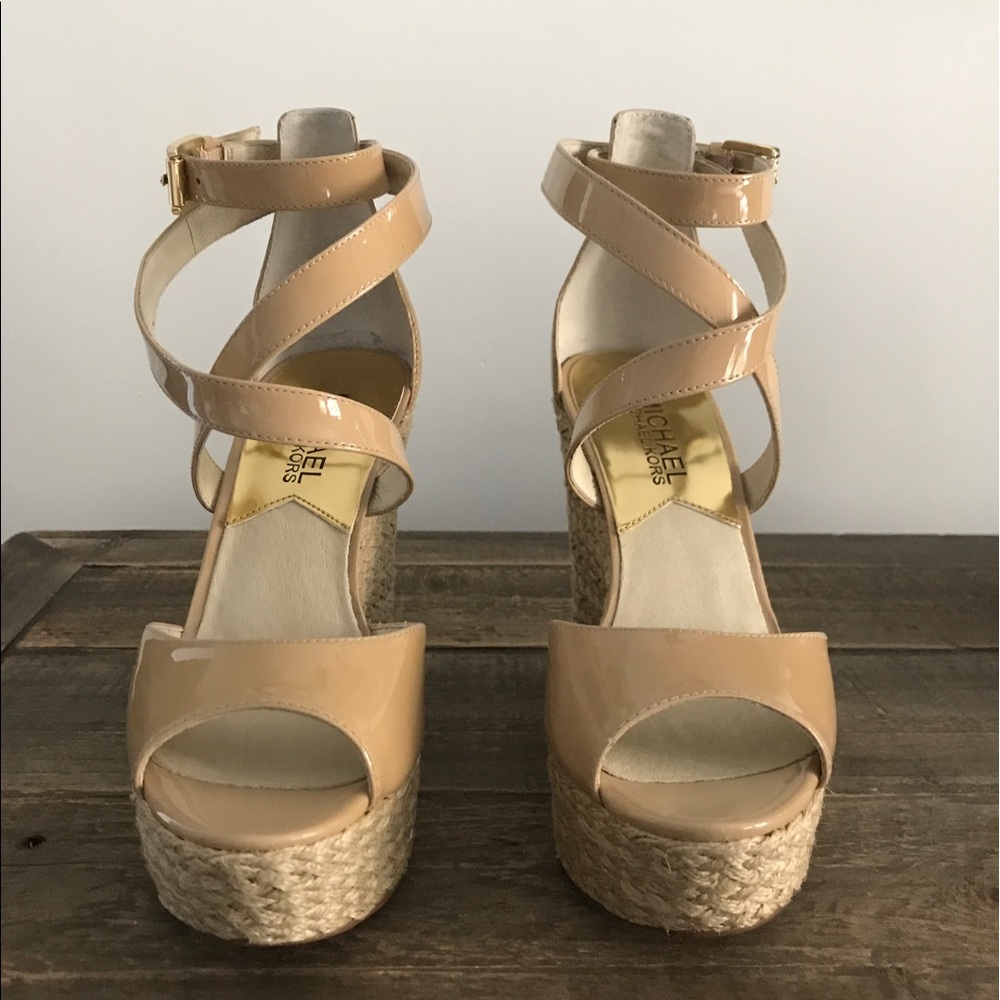 Gabriella Patent Leather Wedge Sandal in Nude