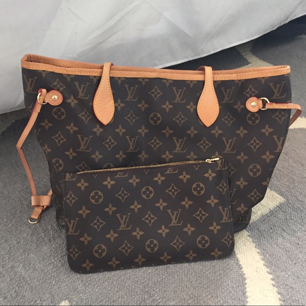 LV Neverfull MM Rose ballerine &pouch real leather