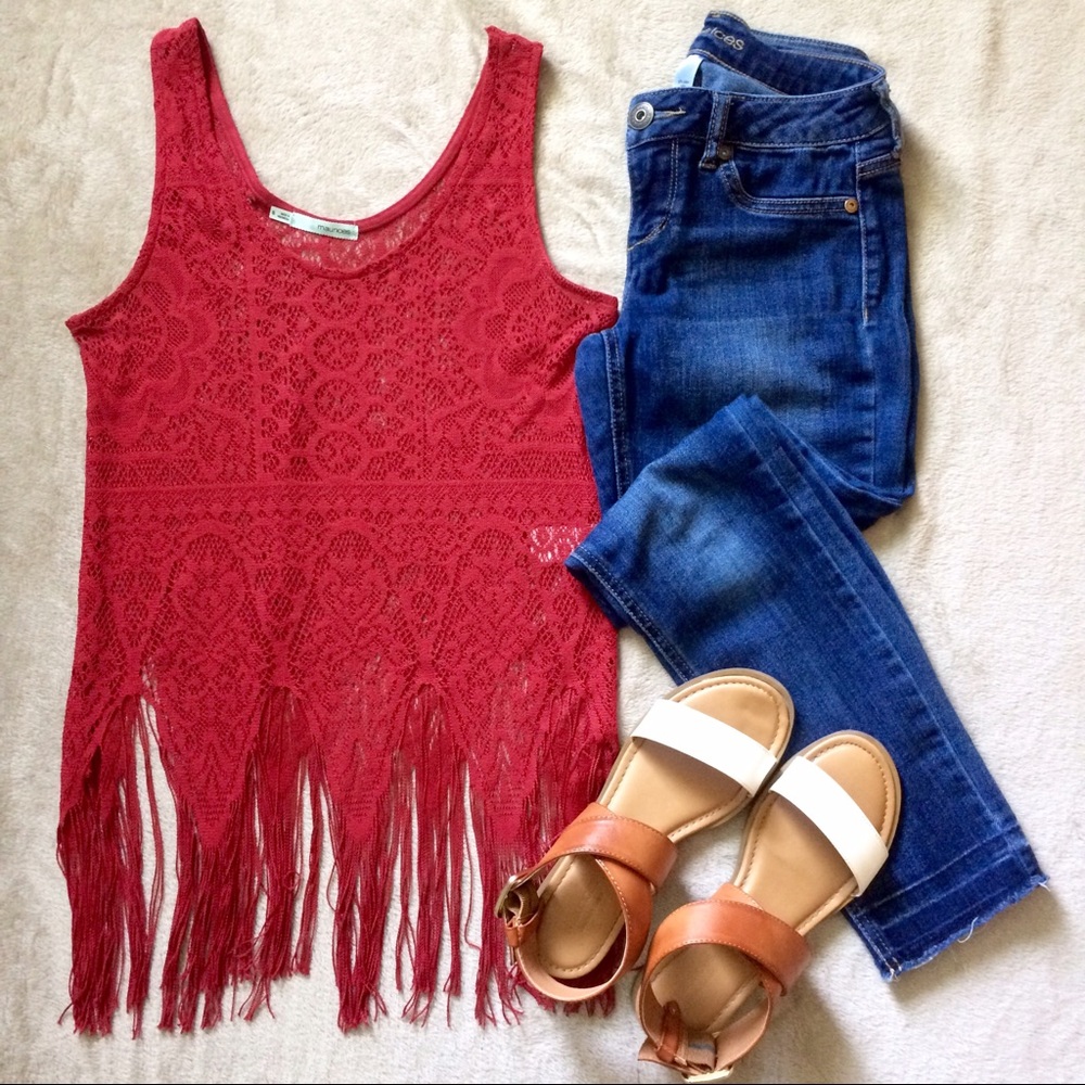 Red Lace Sheer Tank with Tassles