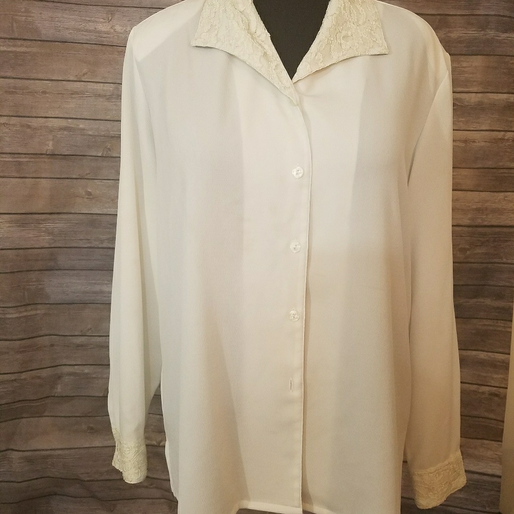 Investments White Sheer Blouse with Lace Trim