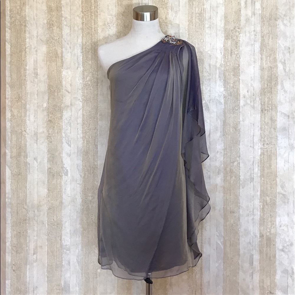 Badgley Mischka One-Shoulder Draped Silk Dress