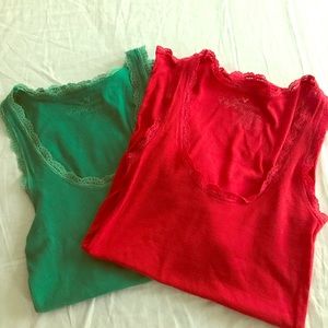 One red American Eagle Lace Trimmed Tank Top