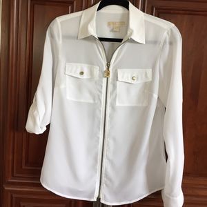 Michael Kors white zip up long-Slv roll up blouse