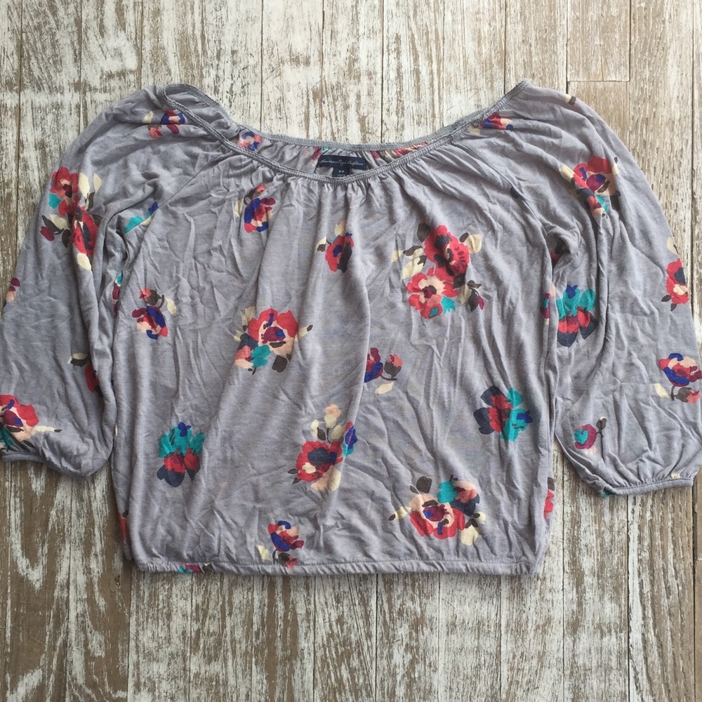 AEO Floral Long Sleeve Gray Top