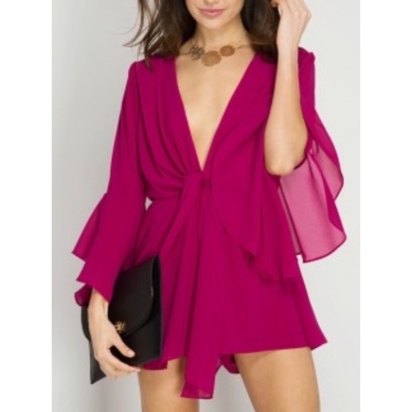 Silk Plunge Mocha Bell Sleeve Romper - Picture 5 of 6