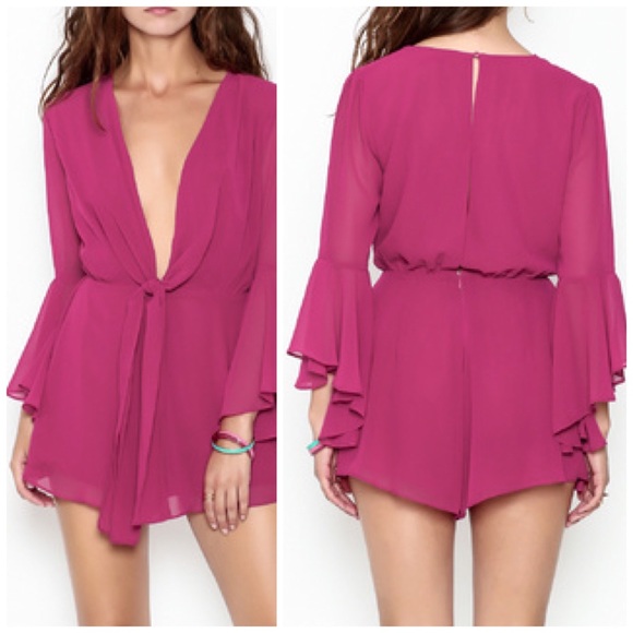 Silk Plunge Mocha Bell Sleeve Romper - Picture 4 of 6
