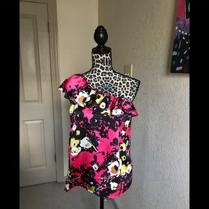 The Limited- floral, asymmetrical ruffled blouse.