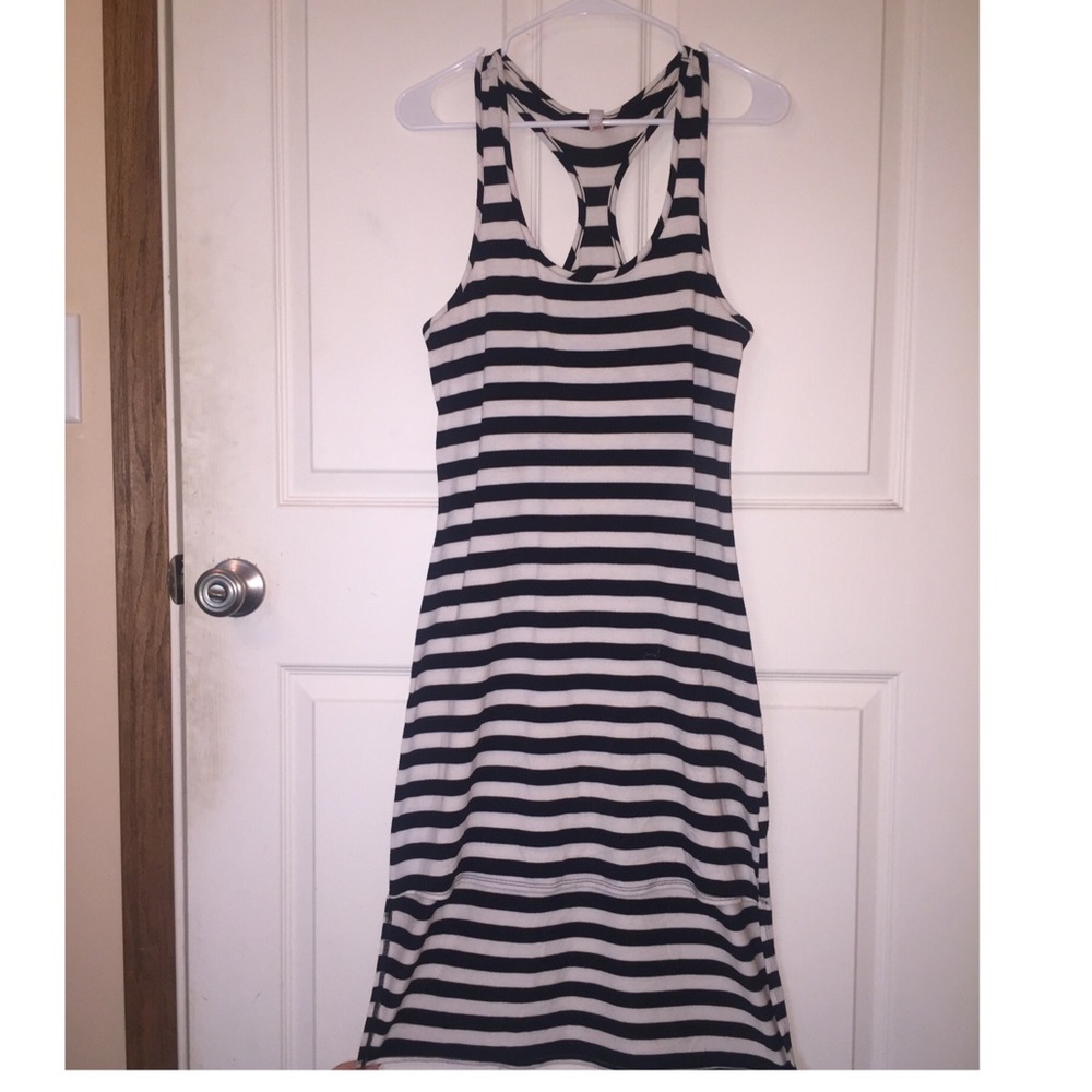 Off-White and Black Striped High-Low Dress
