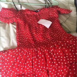 Red polka dot off the shoulder dress