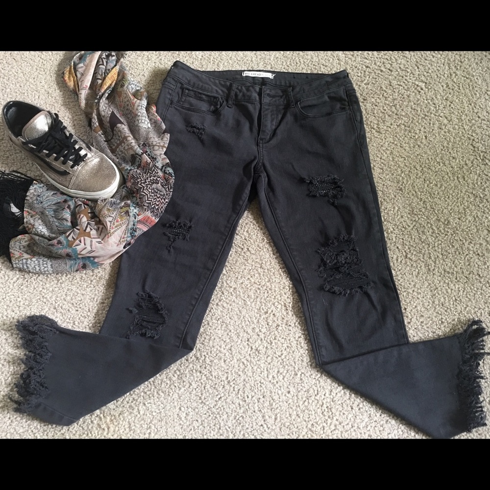 Funky Distressed cropped fringe jeans