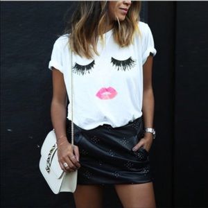 White Shirt Sleeve Graphic Eyelash and Lip Shirt