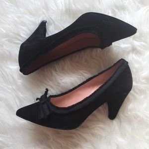 {MBMJ} Black Suede Bow Mid Height Heels