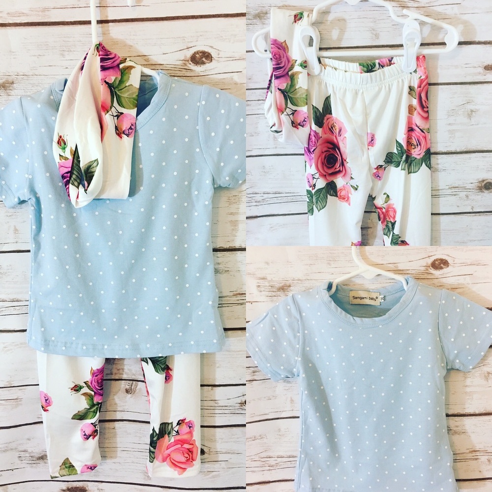 Baby girl floral & baby blue polkadot 3 piece set