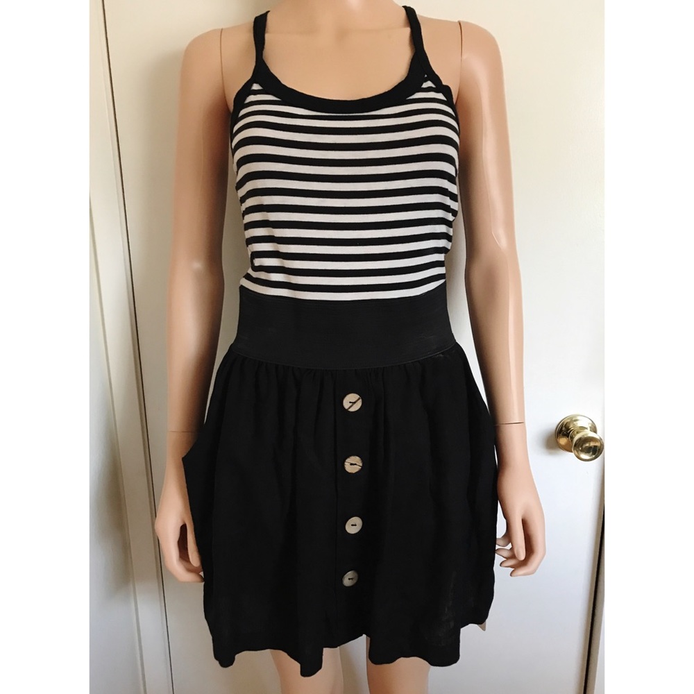 Black Stripe Button Pocket Dress