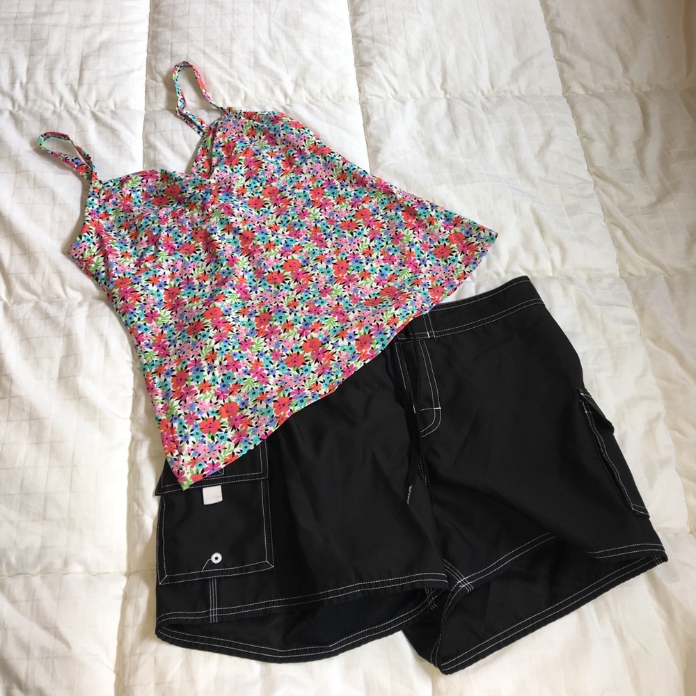 Tankini and board shorts swimming suit.