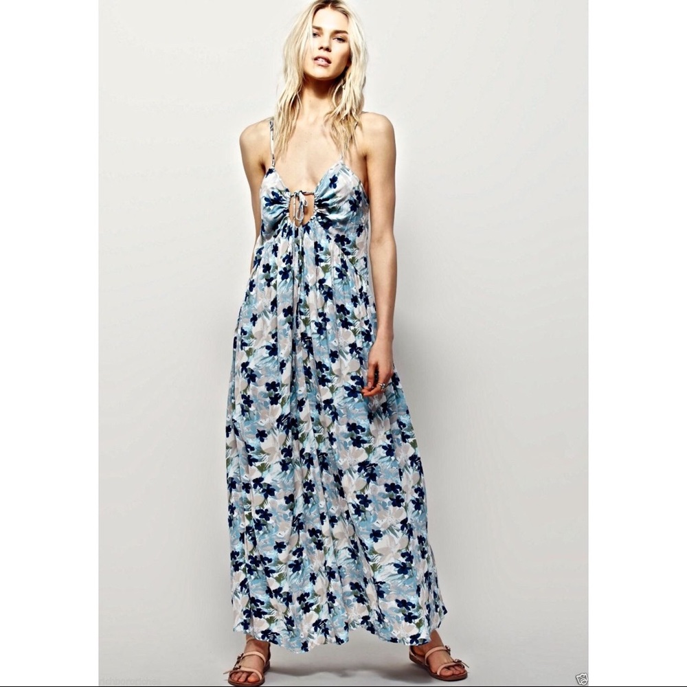 Free People Blue Tan Floral Flowy Maxi Dress