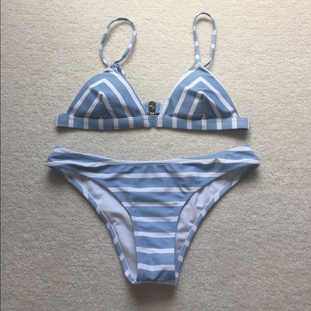 Blue and white striped bikini