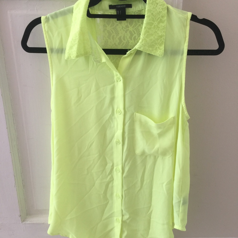 Forever 21 Neon Yellow Button Down with Lace