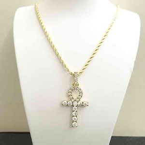 14k Gold Diamond Ankh Charm Rope Chain