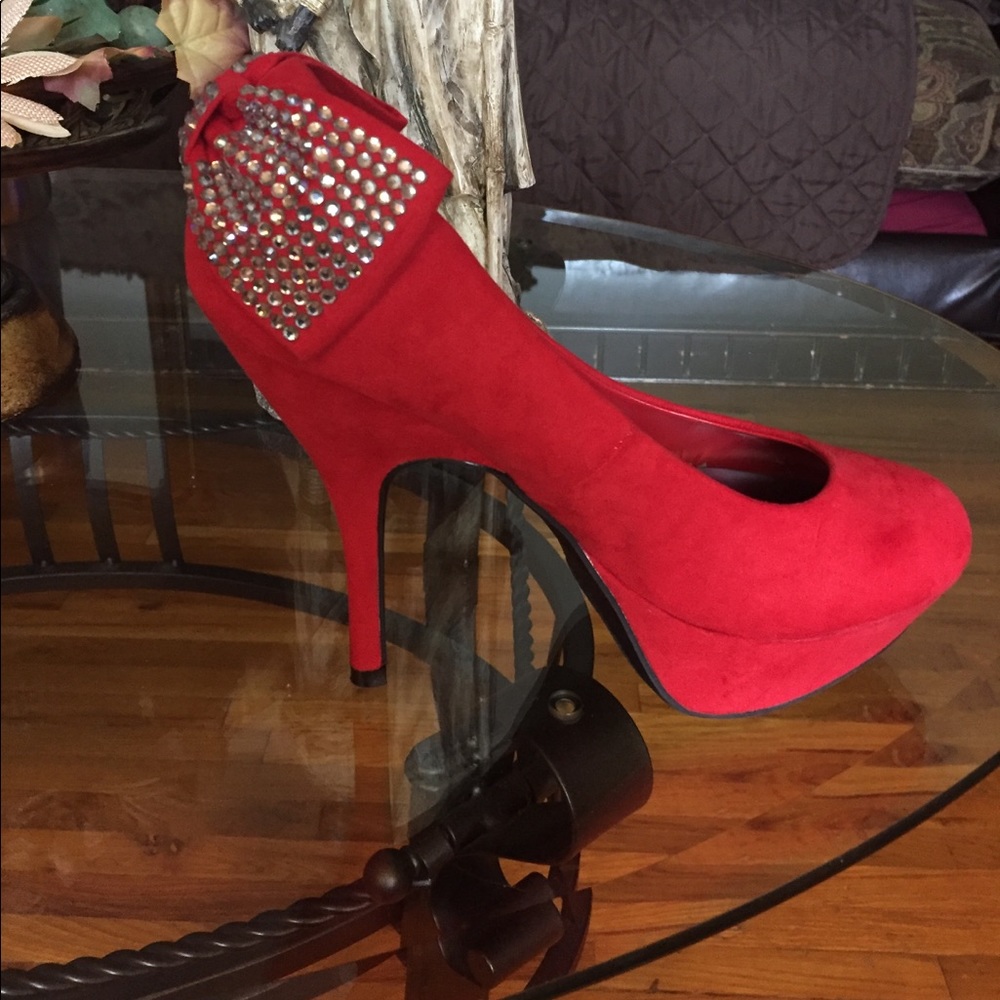 Fire Red Pumps with Jeweled Bow Accent