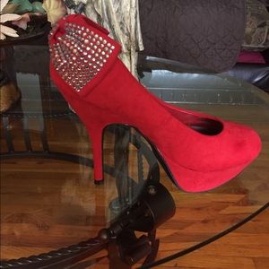 Fire Red Pumps with Jeweled Bow Accent