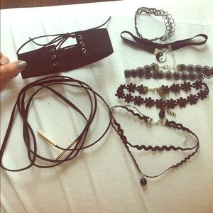 Set of 7 different black choker necklaces