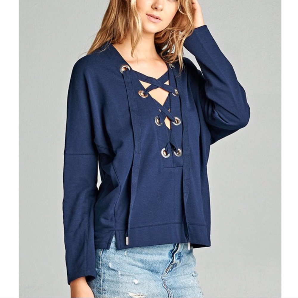LA - Plunge Lace Up Top - NAVY