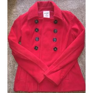 Bright red pea coat