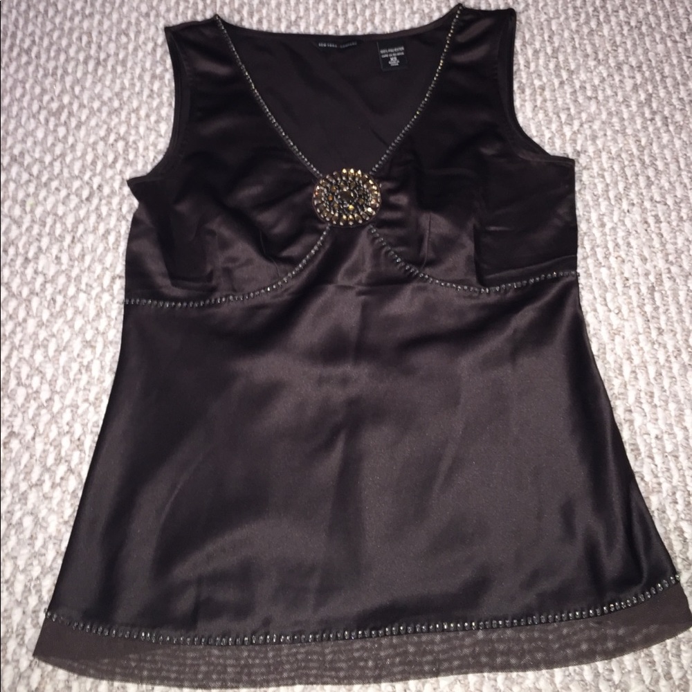 Chocolate brown silk-feel tank with beading. XS