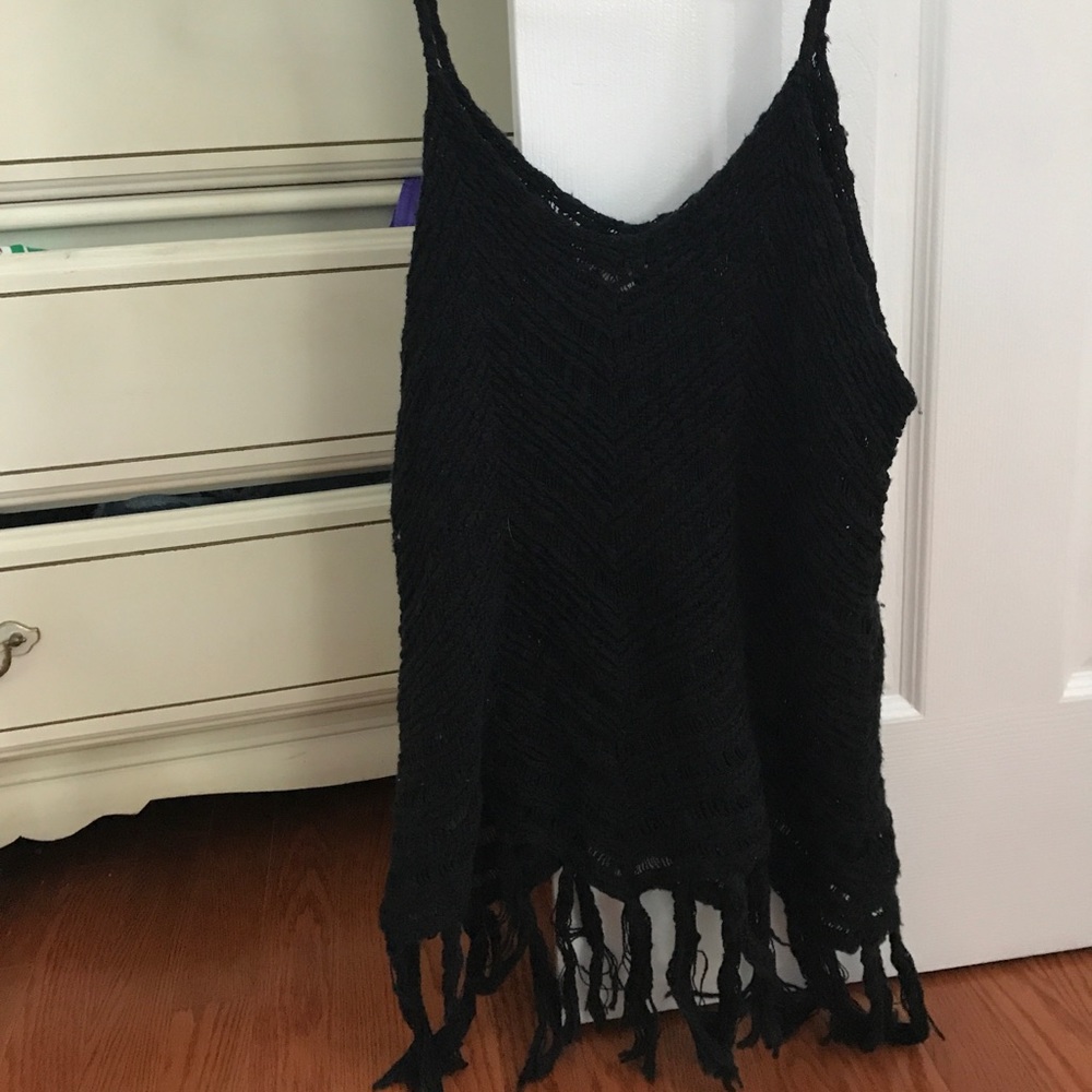 Black crochet tank top with fringe