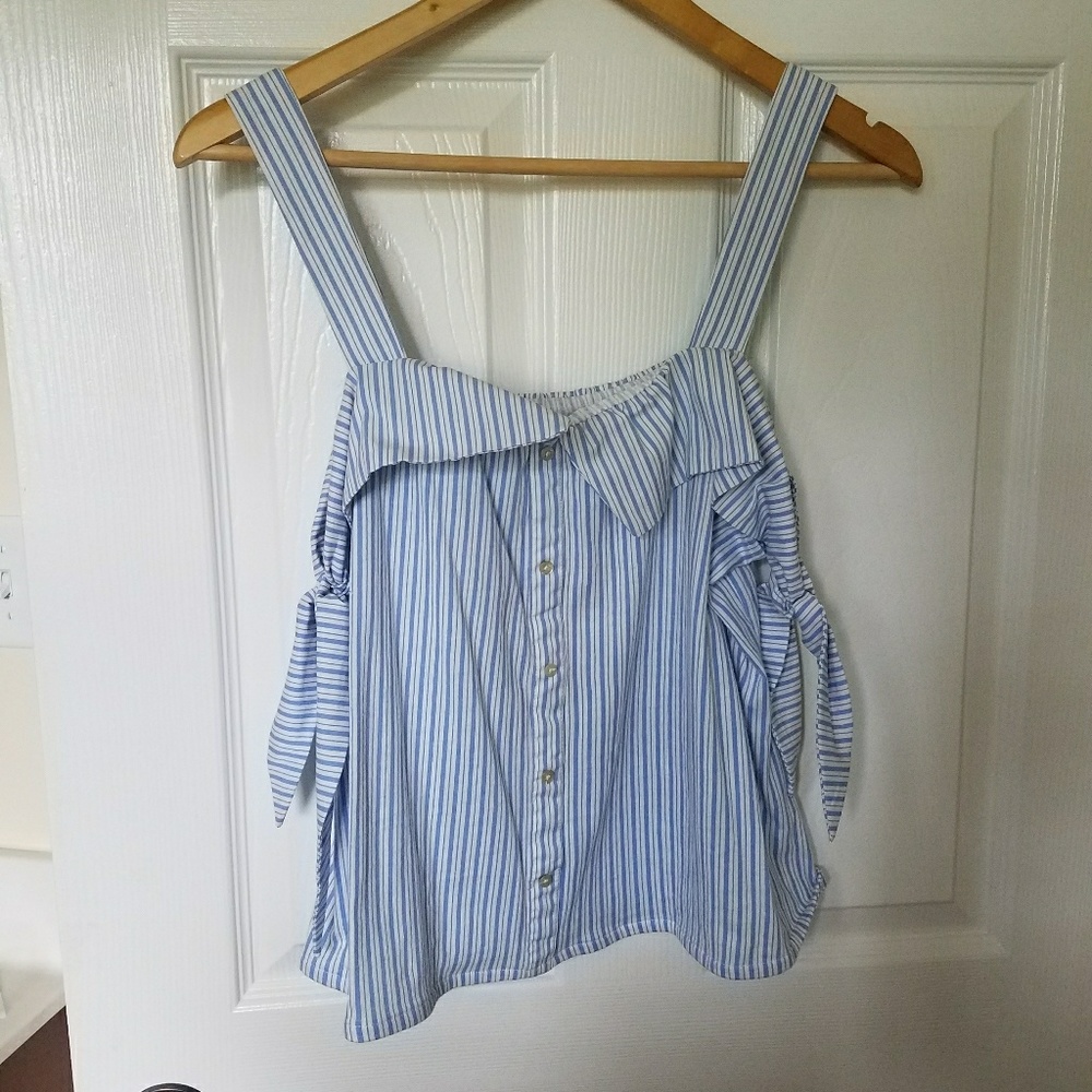 Button down pin stripe tank with tie sleeves