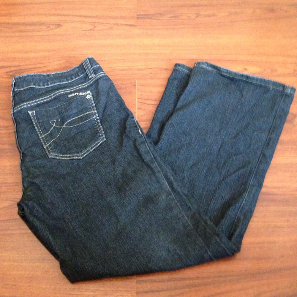 Y2K Vintage DKNY Jeans “SoHo” Black Denim Mid Rise Wide Flare Leg Size 14r/r