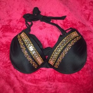 Black Halter Beaded Design Push Up Bikini Swimsuit