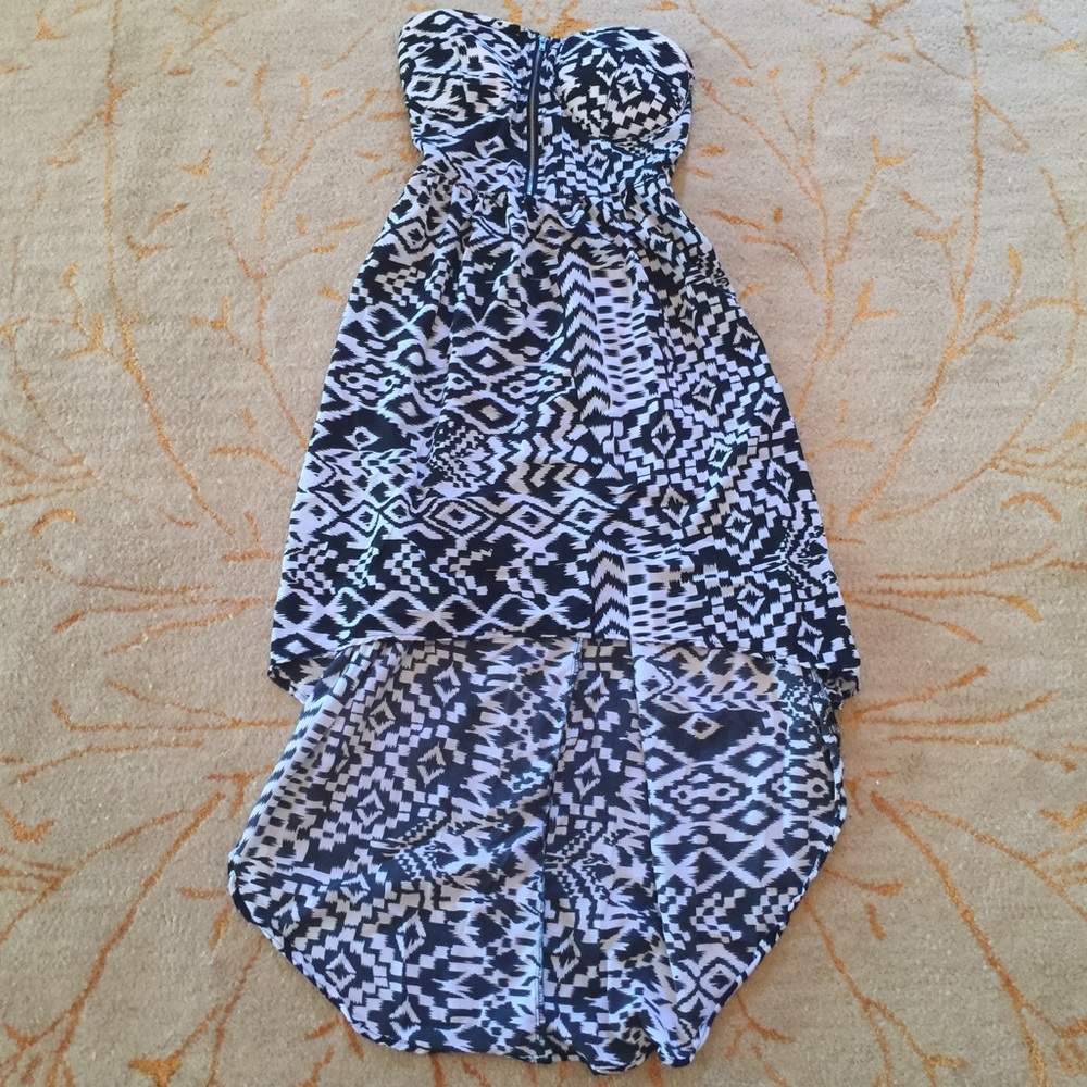 Strapless White and Black Printed High-Low Dress