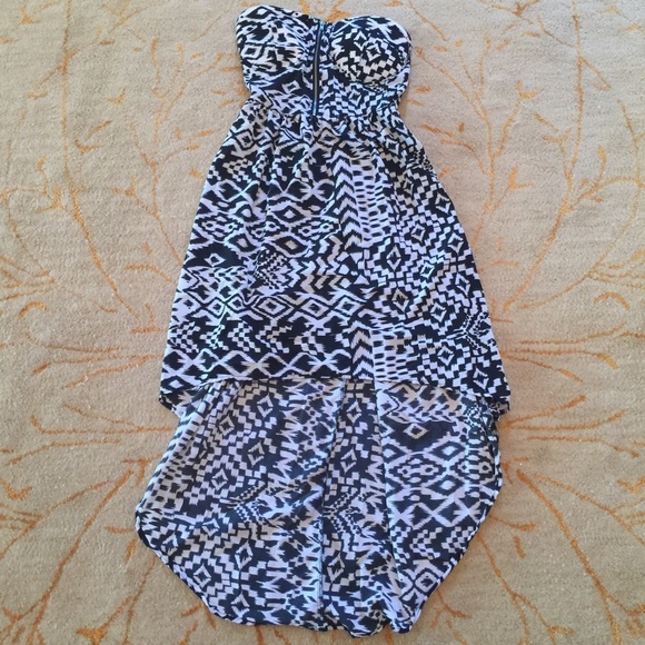 Strapless White and Black Printed High-Low Dress - Picture 1 of 3
