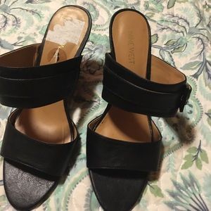Nine West black slide wedges with buckle detail