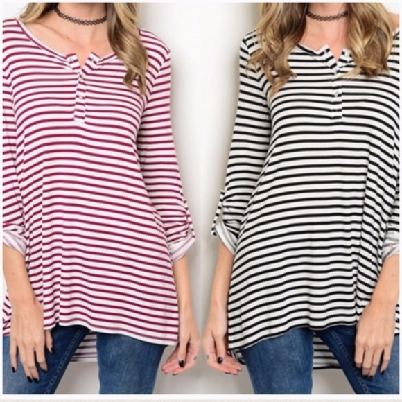 Burgundy & Ivory Striped Henley Top - Picture 3 of 3