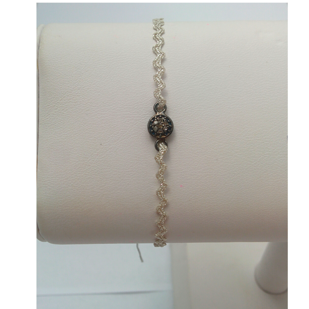 Paved Silver Diamond &  White Ribbon Bracelet